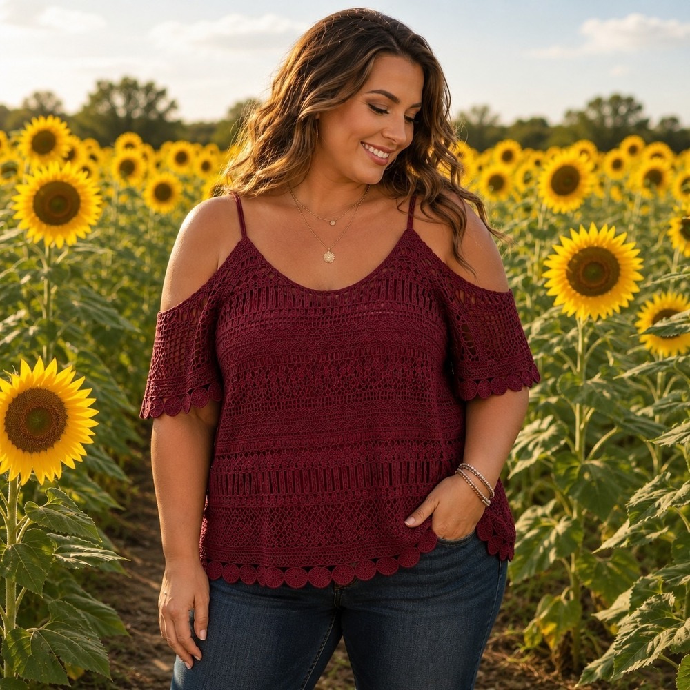 Lily White Women's XL Top Maroon Cold Shoulder Crochet Boho Cottagecore Festival